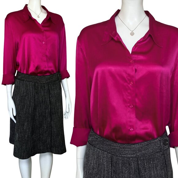 Vintage Y2K Silk Magenta Button Down Long Sleeve Blouse L/XL Office Sexy Classic - Picture 1 of 11